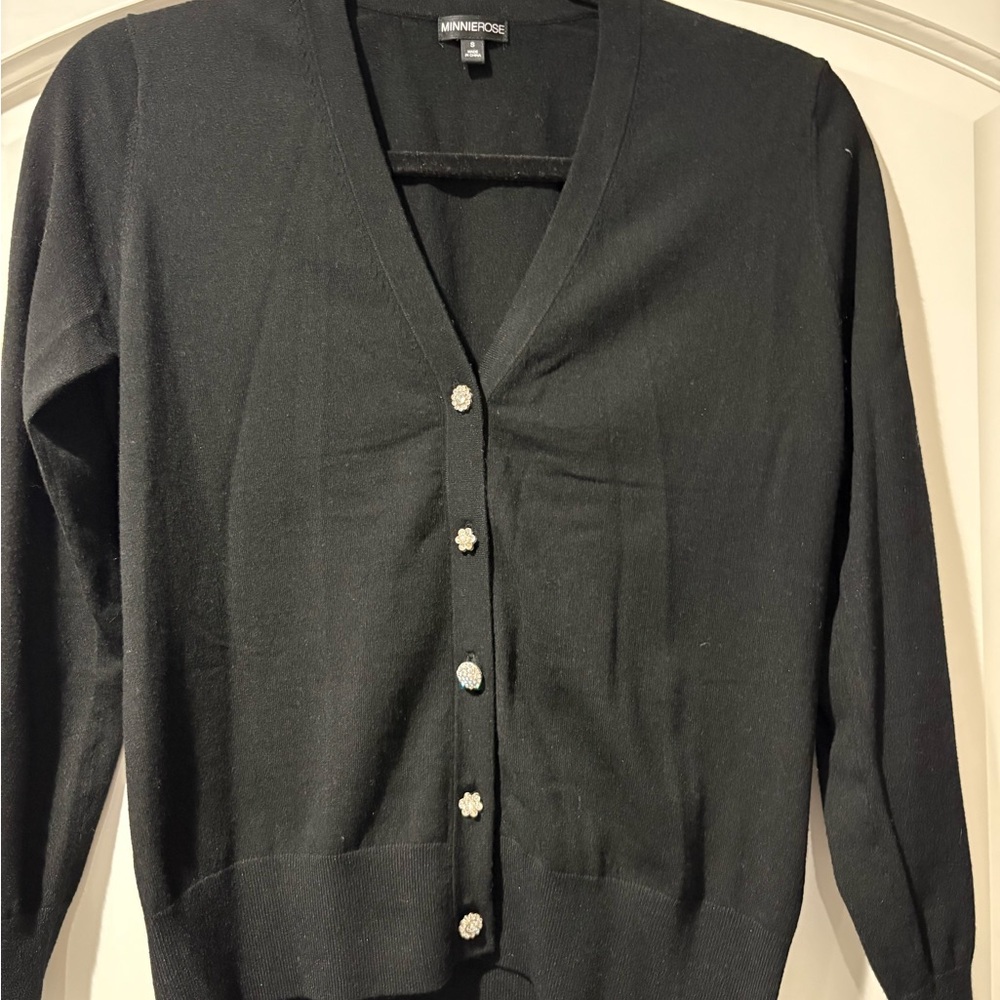 Minnie Rose Black Embellished cardigan V-Neck Women's Sweater